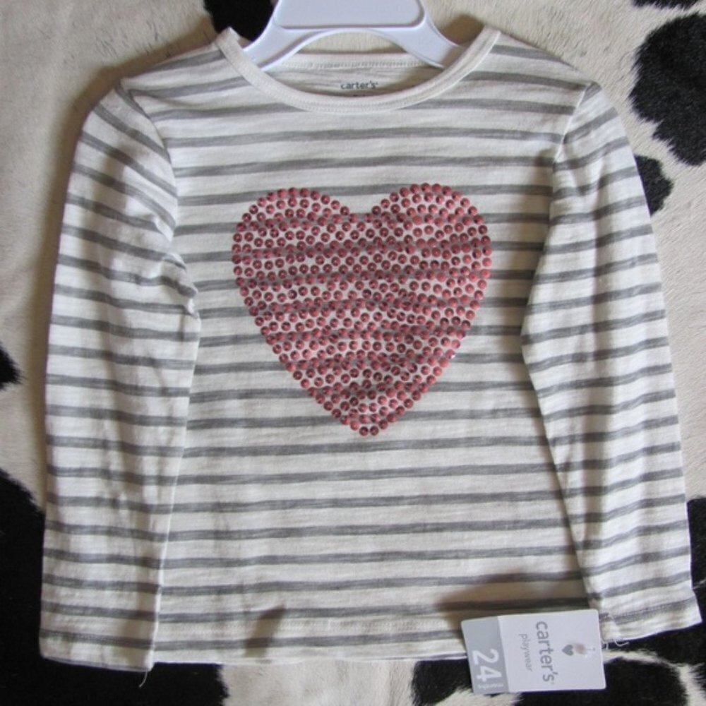 CARTERS GIRLS STRIPES &‎ SEQUINED HEART LONG SLEEVE SHIRT